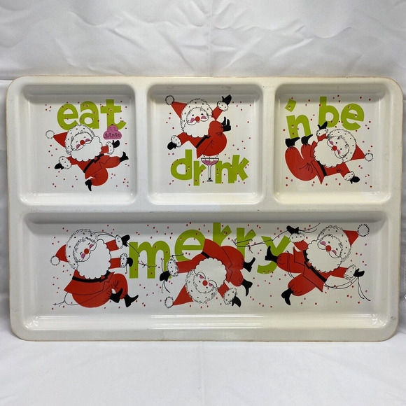 Vtg MCM Christmas Santa Divided Serving Snack Tray Platter Kitschy 20x13.5 - Picture 1 of 10
